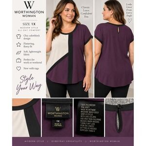 Worthington Woman 1X Colorblock Blouse Purple Cream Black Short Sleeve Keyhole